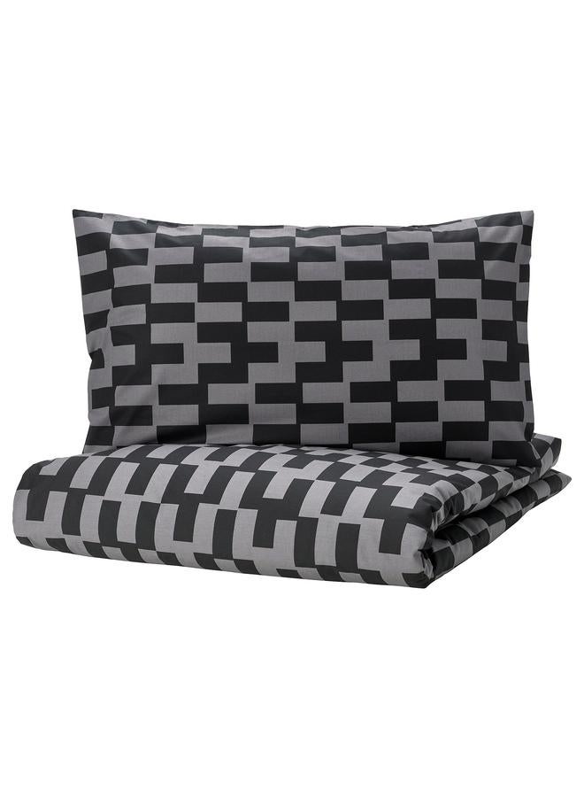 erorex Duvet cover and pillowcase, grey/black patterned, 150x200/50x80 cm - Image 1