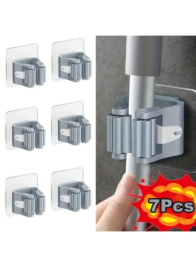 7 Pack Gray Heavy Duty Mop Broom Holder Wall Mount No Drill Peel Stick Organizer - Image 2