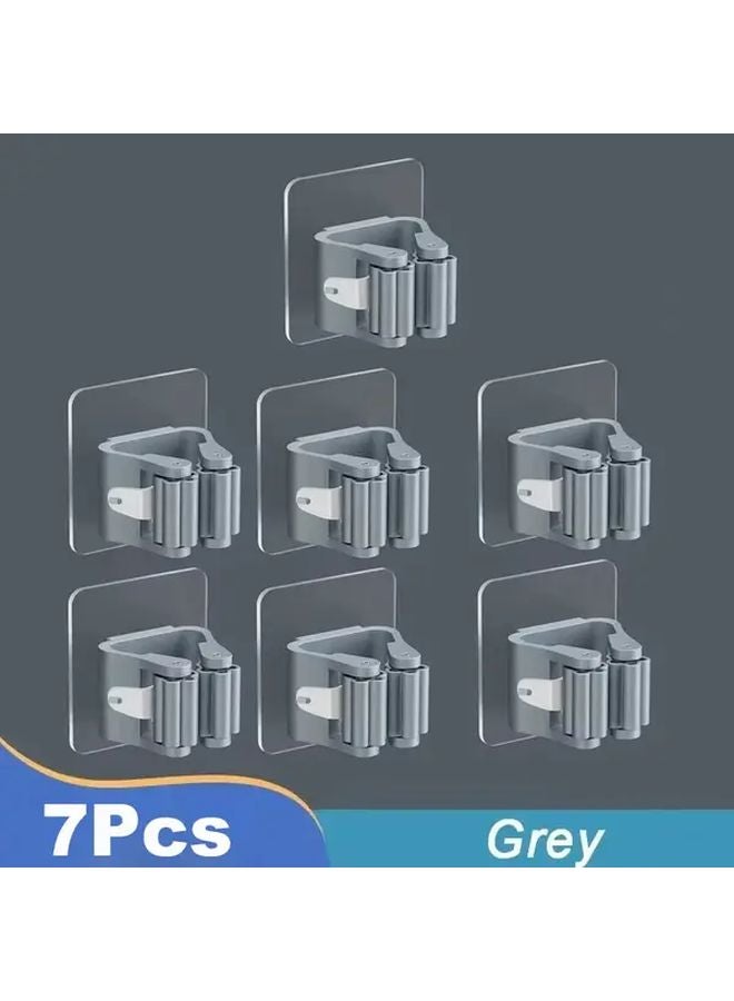 7 Pack Gray Heavy Duty Mop Broom Holder Wall Mount No Drill Peel Stick Organizer - Image 1