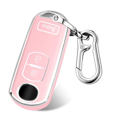 FT FUNTOR for Mazda Key Cover,3 Buttons TPU Key Cover with Silver Edge,Compatible with Mazda 3 6 CX-3 CX-5 CX-7 CX-9 with Keychain (B-Pink) - Image 1