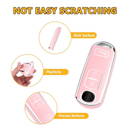 FT FUNTOR for Mazda Key Cover,3 Buttons TPU Key Cover with Silver Edge,Compatible with Mazda 3 6 CX-3 CX-5 CX-7 CX-9 with Keychain (B-Pink) - Image 4