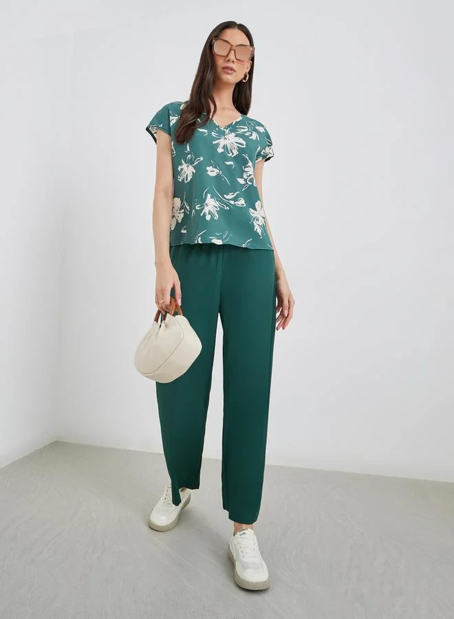 تايك تو Take Two Green Floral Print Blouse and Pants Co-Ords