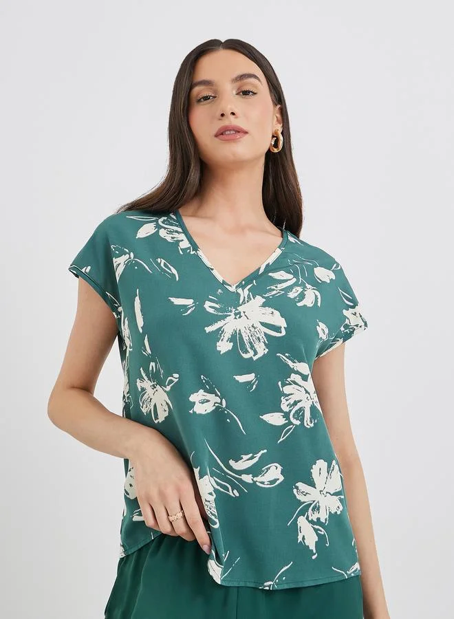 تايك تو Take Two Green Floral Print Blouse and Pants Co-Ords