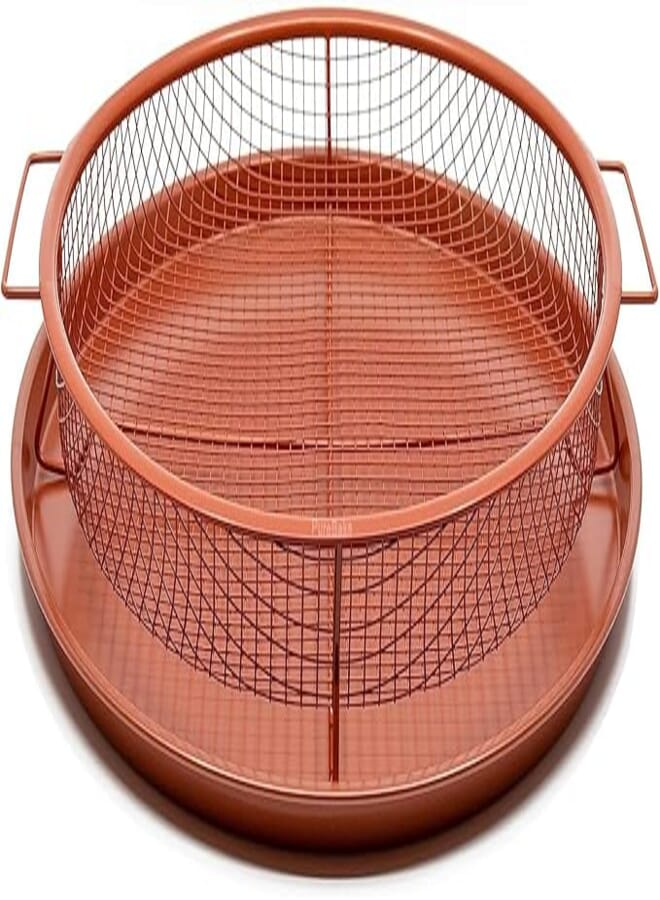 PureBake Premium Copper Crisper Tray, Air Fryer Tray for Oven, Deluxe Air Fry in Your Oven, 2-Piece Set, Air Fryer Baking Pan, Air Fryer Basket for Oven (Round- Large)