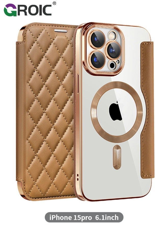 GROIC Case for iPhone 15 Pro 6.1 Inch Wallet Case, PU Leather Folio Magnetic Protective with Card Holder Viewing Kickstand, Shockproof Transparent Backboard Cover Compatible Magsafe - Image 1