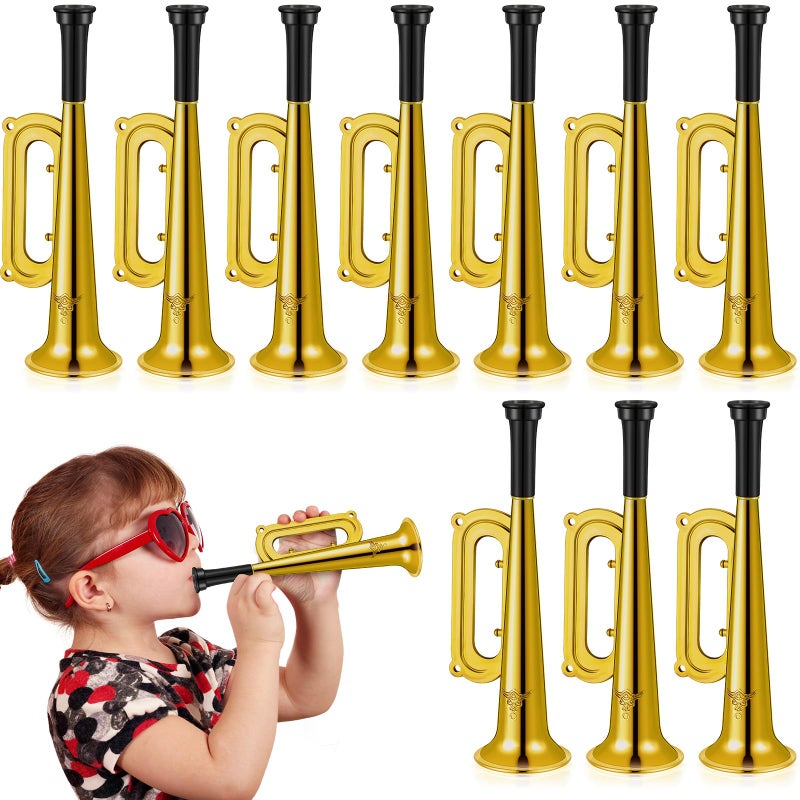 Poen 12 Pcs Toy Trumpet Kids Mini Metallic Trumpet Parties Musical Blow Horn Instruments Plastic Noise Makers for Kids Events Party Favors Music Class Stage Props 7 Inch Easter DayGold - Image 3