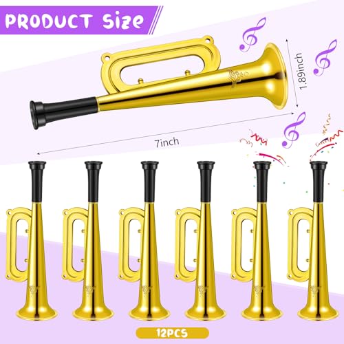 Poen 12 Pcs Toy Trumpet Kids Mini Metallic Trumpet Parties Musical Blow Horn Instruments Plastic Noise Makers for Kids Events Party Favors Music Class Stage Props 7 Inch Easter DayGold - Image 5