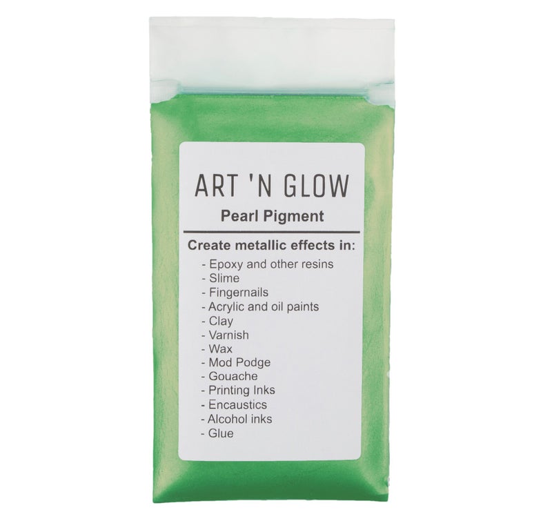 Art 'N Glow Mica Pearl Pigment Powder - 25 Grams - Fine Pearl Pigment for Epoxy Resin - Great Choice for Creatives - Acrylic Paints - Art Crafts - Bath Bomb - 10+ Colors Available - (Green Gold) - Image 1