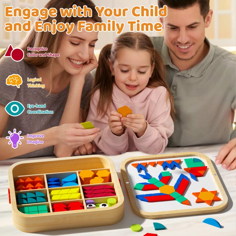 edutree Wooden Magnetic Pattern Blocks Set with Cards, 288 PCS Montessori Tangram Puzzle Learning Toys for Toddlers 4-8, Educational STEM Gift for Kids Boys Girls 4 5 6 7 8 - Image 5