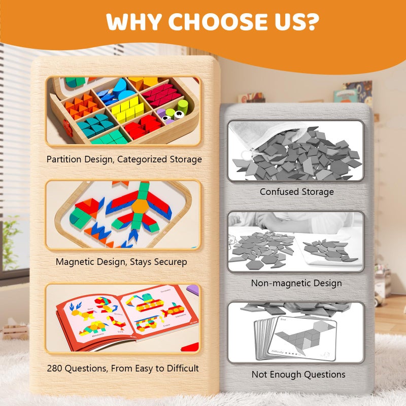 edutree Wooden Magnetic Pattern Blocks Set with Cards, 288 PCS Montessori Tangram Puzzle Learning Toys for Toddlers 4-8, Educational STEM Gift for Kids Boys Girls 4 5 6 7 8 - Image 4