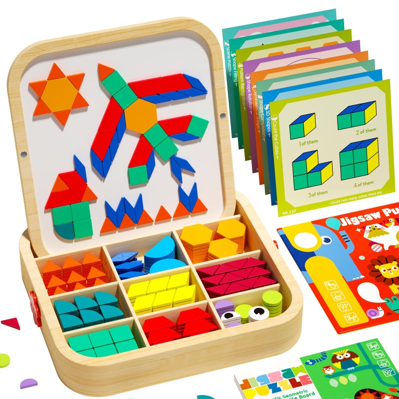 edutree Wooden Magnetic Pattern Blocks Set with Cards, 288 PCS Montessori Tangram Puzzle Learning Toys for Toddlers 4-8, Educational STEM Gift for Kids Boys Girls 4 5 6 7 8 - Image 1
