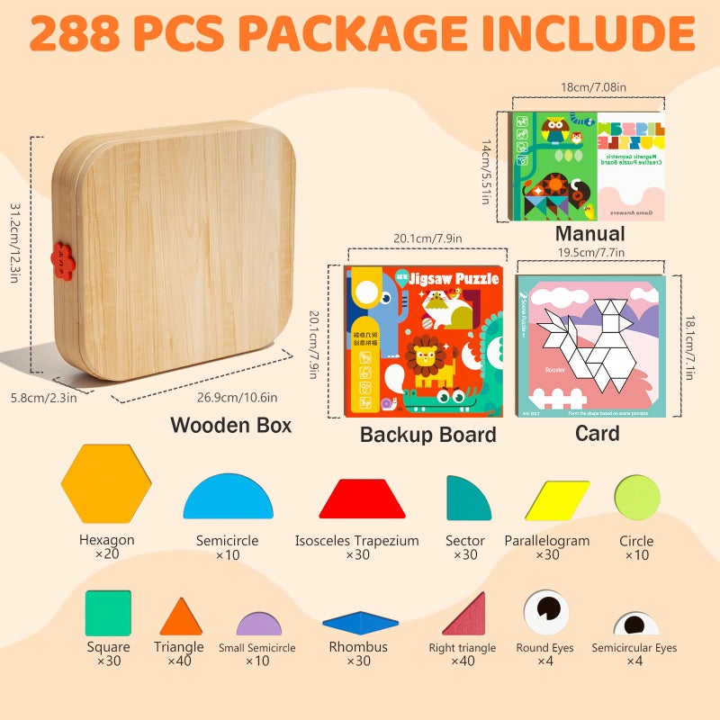 edutree Wooden Magnetic Pattern Blocks Set with Cards, 288 PCS Montessori Tangram Puzzle Learning Toys for Toddlers 4-8, Educational STEM Gift for Kids Boys Girls 4 5 6 7 8 - Image 3