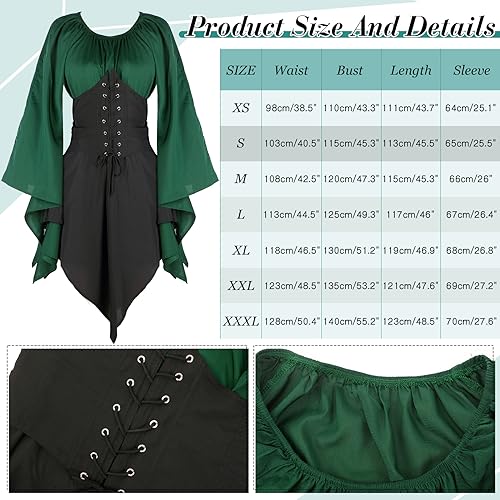 Jadive 5 Pcs Women Elf Renaissance Medieval Dress Traditional Irish Fairy Viking Costume Elf Ear for Halloween Cosplay Party(Small,Green, Black) - Image 2