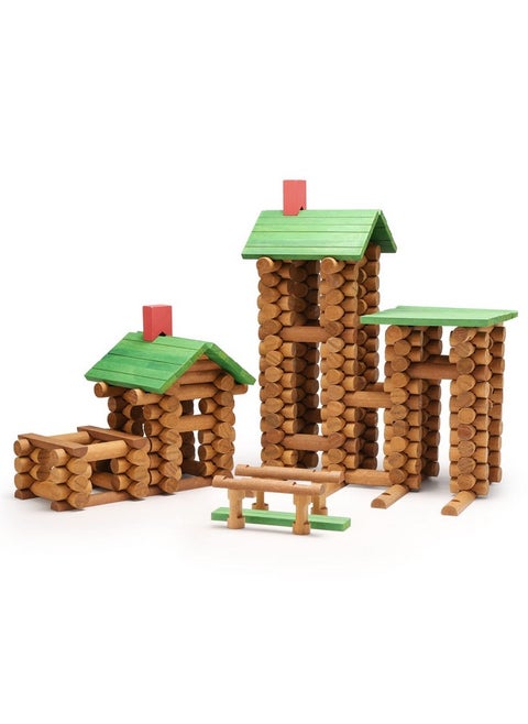 300 Pcs Wooden Log Cabin Set Building House Toy For Toddlers, Classical Stem Construction Kit Compatible With Lincoln Logs For 3+ Kids