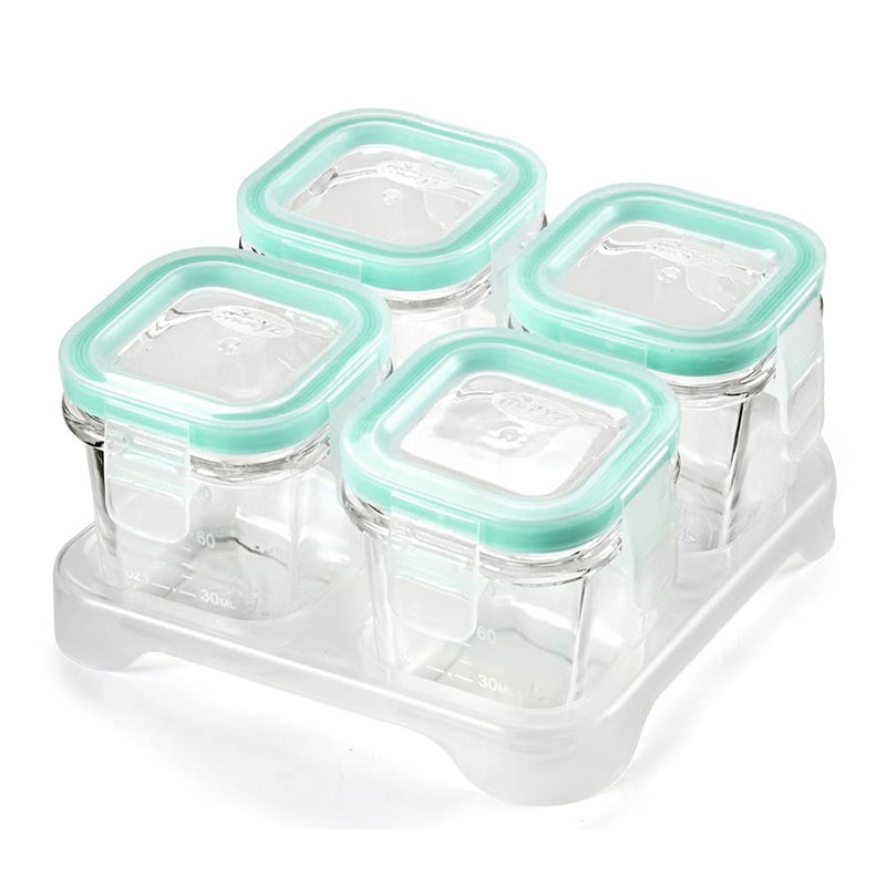 Matyz 4-Pack Baby Glass Jars For Food Storage with Lids Airtight and Stackable Tray (Mint Green, 4 OZ Each) - Small Solid Food Storage Containers For Baby On The Go - Freezer Microwave Oven Safe - Image 1