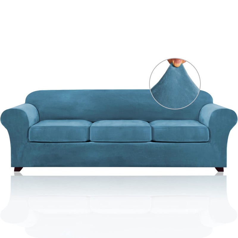 PrinceDeco PriceDeco Velvet XL Couch Cover for Oversized Sofa 4 Piece Sofa Covers for 3 Cushion Couch Washable Furniture Protector with Non Slip Elastic Bottom Width Up to 97 InchXLarge Blue 