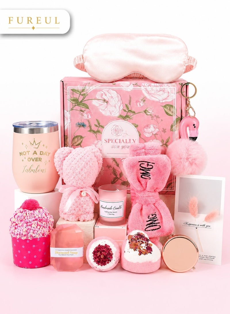 FUREUL Women's Self-Care Gift Set – Mother's Day, Birthday & Holiday Gift Set | 12 soothing spa essentials including a pink water bottle, bear towel, eye mask, dried flower bath bomb, heart-shaped bath bomb, freesia bath bomb, jewel soap and accessories. - Image 1