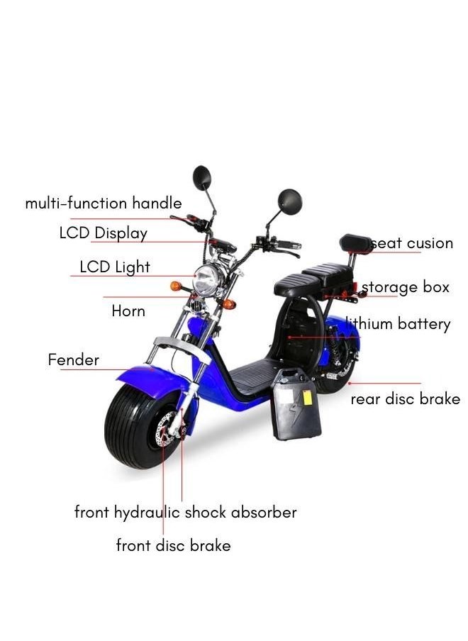 Crony G-029 3000W Electric Motorcycle, 60V/24AH Dual Battery e Motorbike , 55-65KM Range, Fat Wide Tire Electric Scooter for Adults,Front/Rear Disc Brakes/Suspension, 130KG Load Capacity, Aluminum Alloy Frame, Dual Seat, Bluetooth Speaker, LED Lights, 30° Hill Climb Capability，Blue  - Image 2