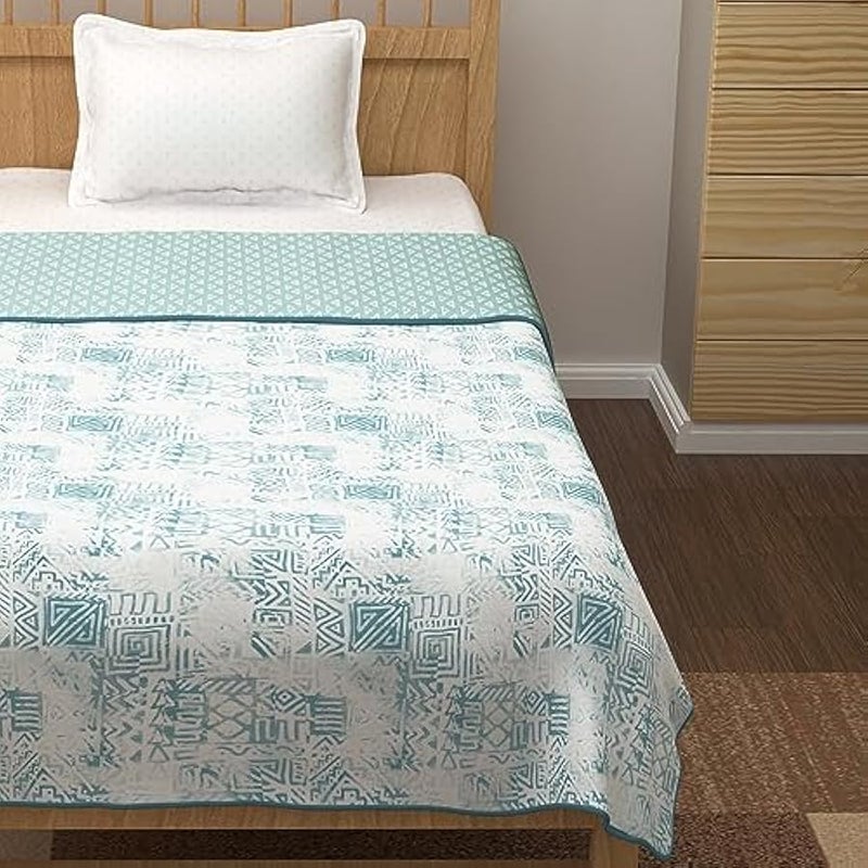 Loquat Dohar Single Bed Cotton, Blanket for Winter,100% Cotton Reversible Light Weight Dohar Single| 144 X 220 CM|White & Blue - Image 4