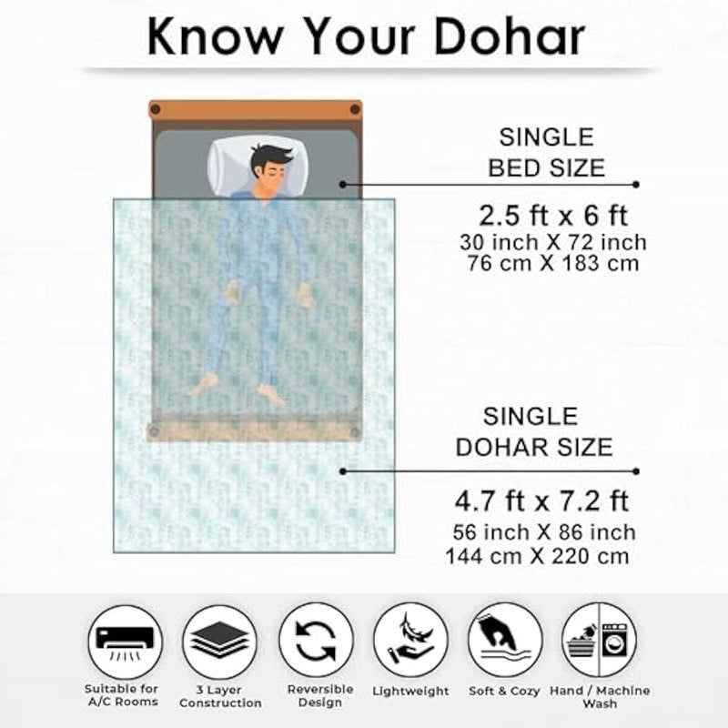 Loquat Dohar Single Bed Cotton, Blanket for Winter,100% Cotton Reversible Light Weight Dohar Single| 144 X 220 CM|White & Blue - Image 2