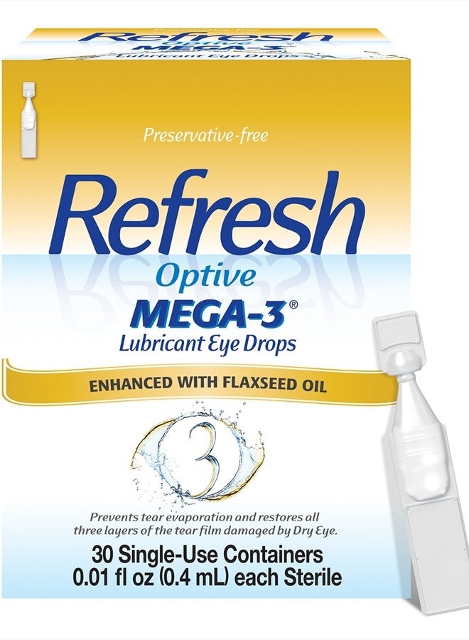 REFRESH قطرات العين المرطبة Optive MEGA-3، دموع اصطناعية خالية من المواد الحافظة، 0.01 أونصة سائلة، 0.4 مل، 30 عبوة للاستخدام مرة واحدة - Image 4