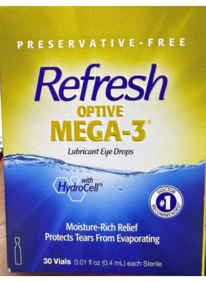 REFRESH قطرات العين المرطبة Optive MEGA-3، دموع اصطناعية خالية من المواد الحافظة، 0.01 أونصة سائلة، 0.4 مل، 30 عبوة للاستخدام مرة واحدة - Image 2