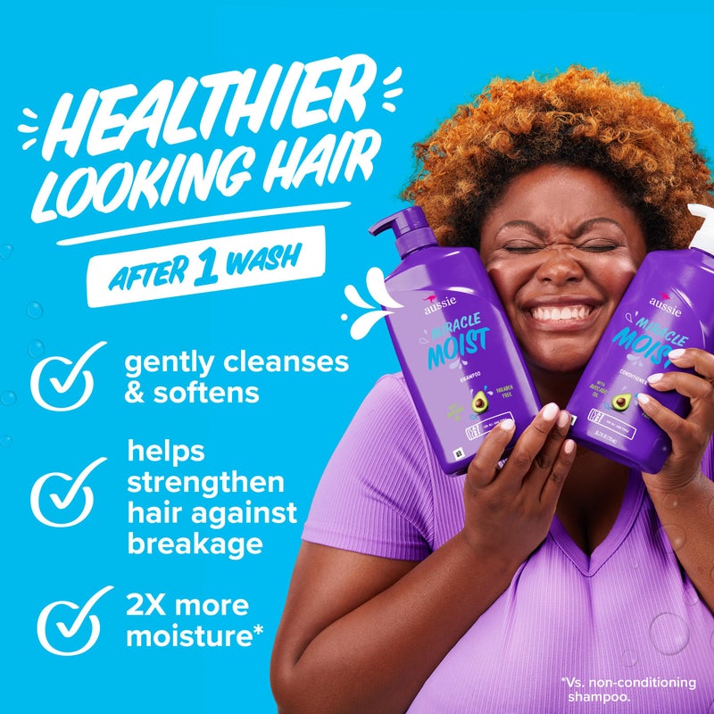 Aussie شامبو وبلسم أوسي المعجزة المرطبة مع بلسم المعجزة العميقة لمدة 3 دقائق، زيت الأفوكادو والجوجوبا، خالي من البارابين، يرطب ويفك تشابك الشعر، لجميع أنواع الشعر، رائحة الحمضيات والزهور، 3 عبوات 68.4 أونصة سائلة - Image 3