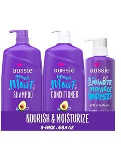 Aussie Aussie Miracle Moist Shampoo and Conditioner with 3 Minute Miracle Deep Conditioner, Avocado & Jojoba Oil, Paraben-Free, Moisturizes & Detangles, All Hair Types, Citrus Floral Scent, 3 Pack 68.4 Fl Oz  - Image 1