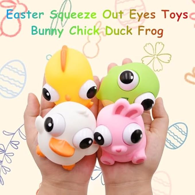 Howzcci 4 Pack Easter Squeeze Out Eyes Toys, Bunny Chick Duck Frog Squeeze Toys for Kids Girls Boys Easter Basket Stuffers Party Favors Gifts - Image 2
