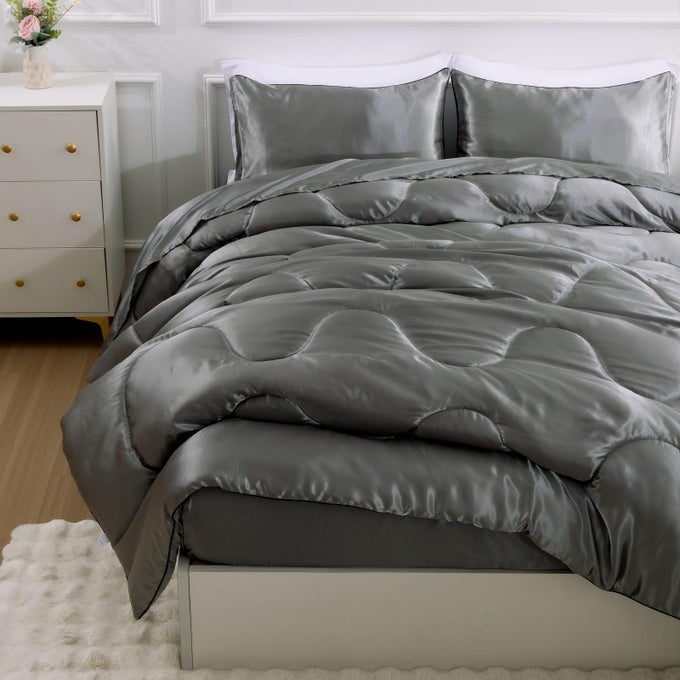 SATIN SILKY SOFT QUILT LUXURY SUPER SOFT MICROFIBER BEDDING COMFORTER SET FULLQUEEN LIGHT WEIGHTED SILVER QUEEN