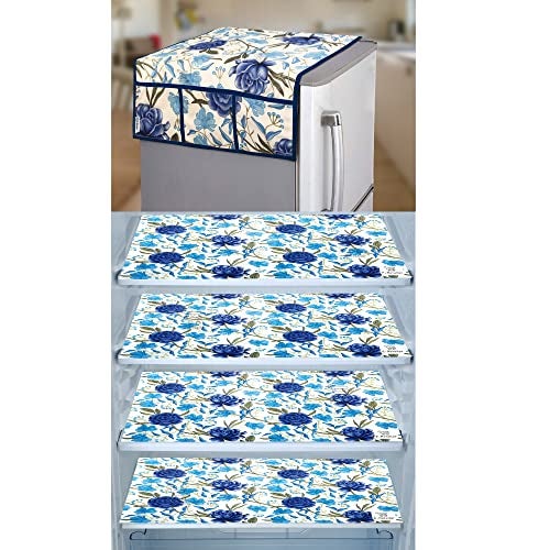 E-Retailer® Polyester 3-Layered Fridge Top Cover/Refrigerator Cover With Utility Pockets and Set of 4 Pc. Fridge Mats (Color-Blue, Size -39x21 Inches) - Image 1