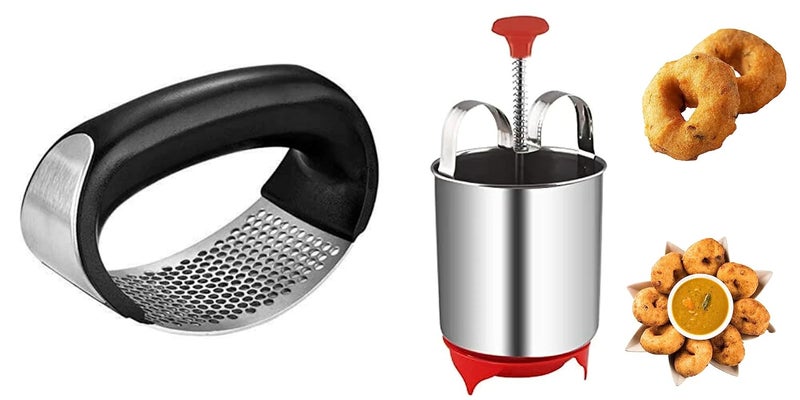 YOPRAMPerfectly Shaped and Crispy Mendu Vada Maker Machine Medu Vada and Donut Maker Stainless Steel for HomemadeStainless Steel Garlic Presser Garlic Press Crusher andGinger Presser for KitchenCombo Garlic Presser Medu Vada - Image 1