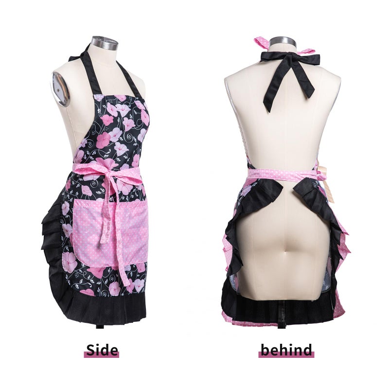 Alex Virtue Lovely Flower Pattern Retro Aprons With Large Pockets for Women Girls Cooking Kitchen Bakery Mother's Gift (Pink Bloom) - Image 2