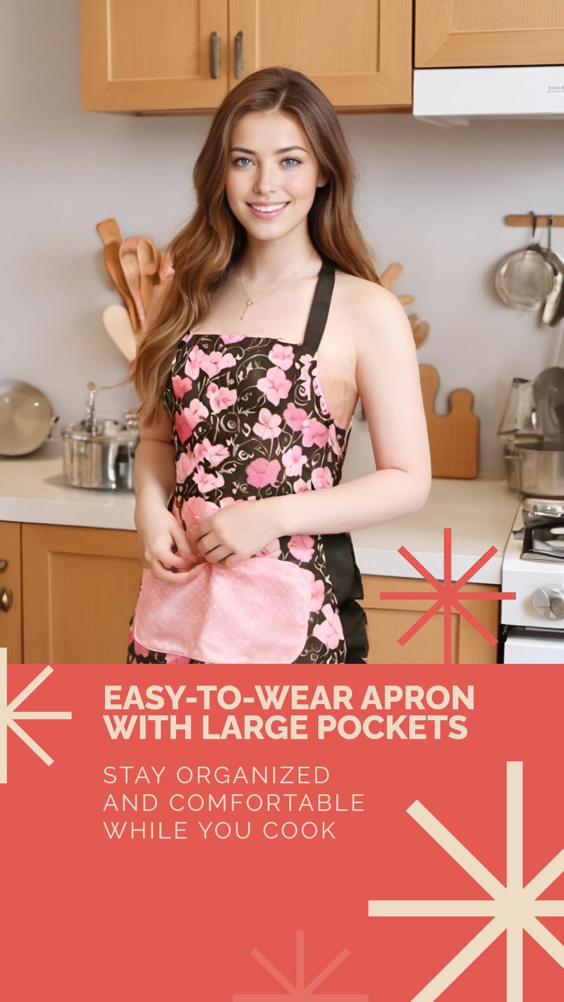 Alex Virtue Lovely Flower Pattern Retro Aprons With Large Pockets for Women Girls Cooking Kitchen Bakery Mother's Gift (Pink Bloom) - Image 3