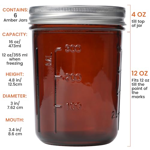 KORCCI Amber Glass Mason Jars 16oz - 6 Pcs Wide Mouth Mason Jars With Lids And Bands. Empty Candle Jar, Food Storage Containers, Canning Jar For Canning, Fermenting, Pickling, Jar Décor. - Image 2