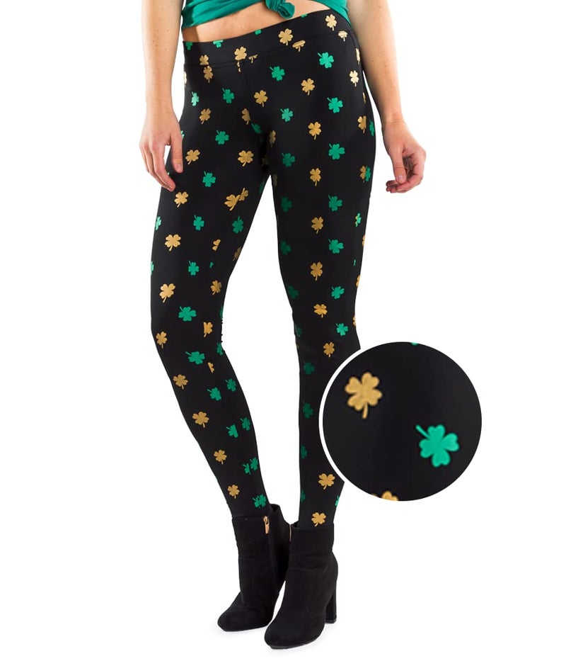 Tipsy Elves Women's St. Patrick's Day Gold Foil Clover Mid Waisted Leggings Size X-Small - Image 4