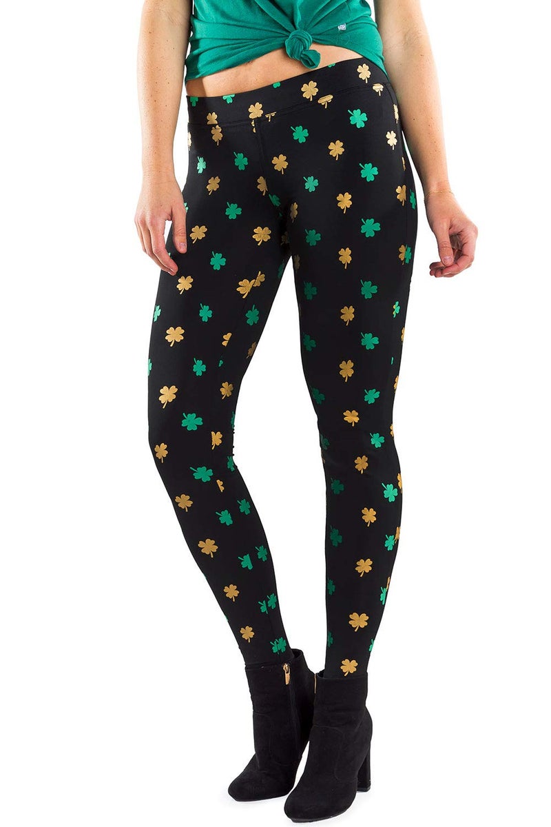 Tipsy Elves Women's St. Patrick's Day Gold Foil Clover Mid Waisted Leggings Size X-Small - Image 1