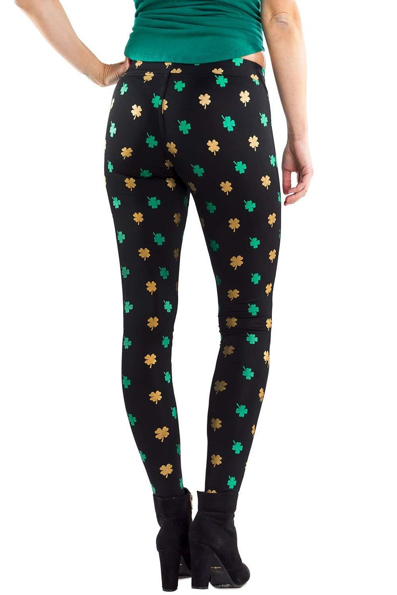 Tipsy Elves Women's St. Patrick's Day Gold Foil Clover Mid Waisted Leggings Size X-Small - Image 2