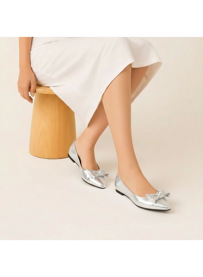 لايف ستيلاش  باليرينا جلد لامع مسطح مع فيونكة BN-513 - فضي - Image 1