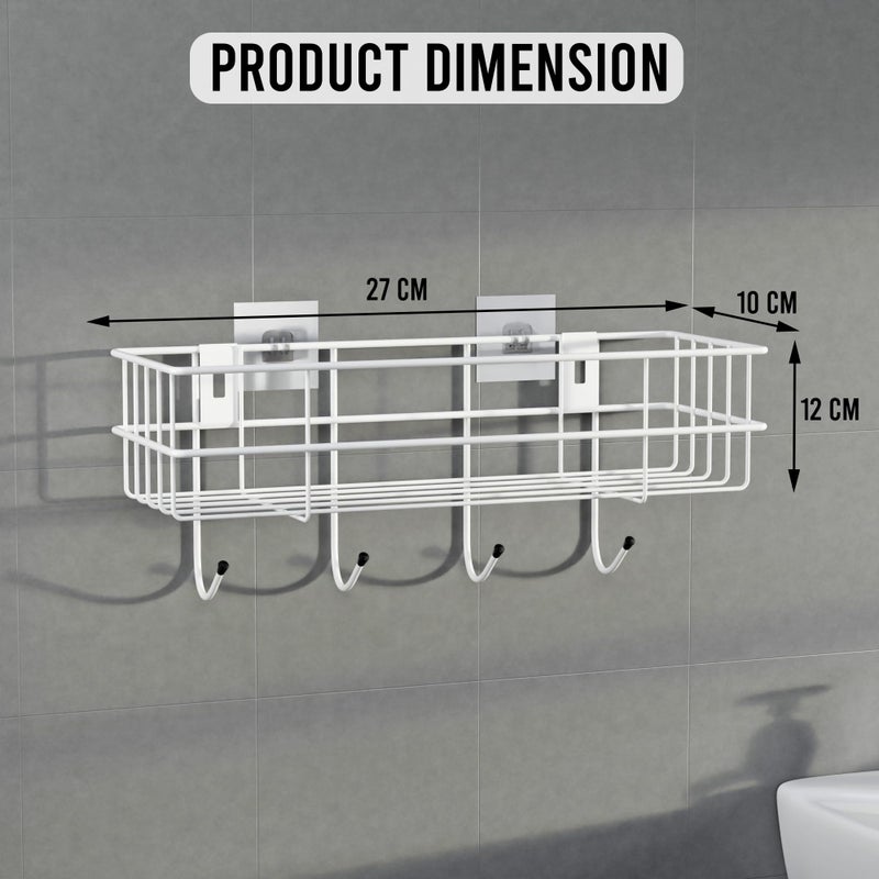 Kuber Industries Metal Self Adhesive Bathroom Organiser with Drill Screws & 4 Hooks | Bathroom Stand/Rack for Shampoo | Bath Accessories Holder for Wall Adhesive | White - Image 3