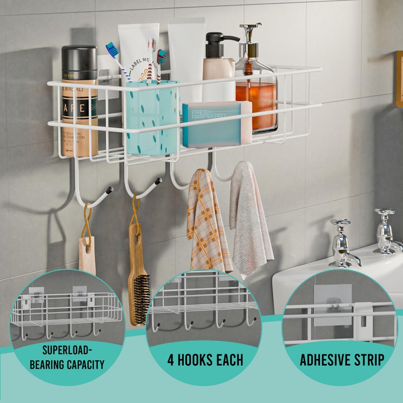 Kuber Industries Metal Self Adhesive Bathroom Organiser with Drill Screws & 4 Hooks | Bathroom Stand/Rack for Shampoo | Bath Accessories Holder for Wall Adhesive | White - Image 4