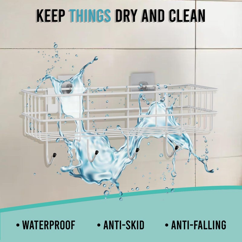 Kuber Industries Metal Self Adhesive Bathroom Organiser with Drill Screws & 4 Hooks | Bathroom Stand/Rack for Shampoo | Bath Accessories Holder for Wall Adhesive | White - Image 5