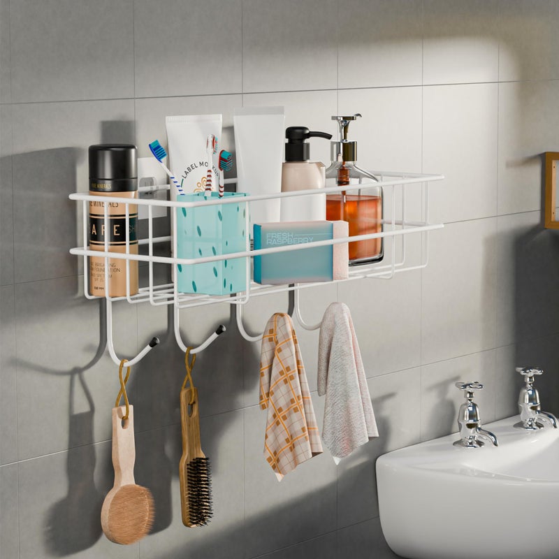 Kuber Industries Metal Self Adhesive Bathroom Organiser with Drill Screws & 4 Hooks | Bathroom Stand/Rack for Shampoo | Bath Accessories Holder for Wall Adhesive | White - Image 1