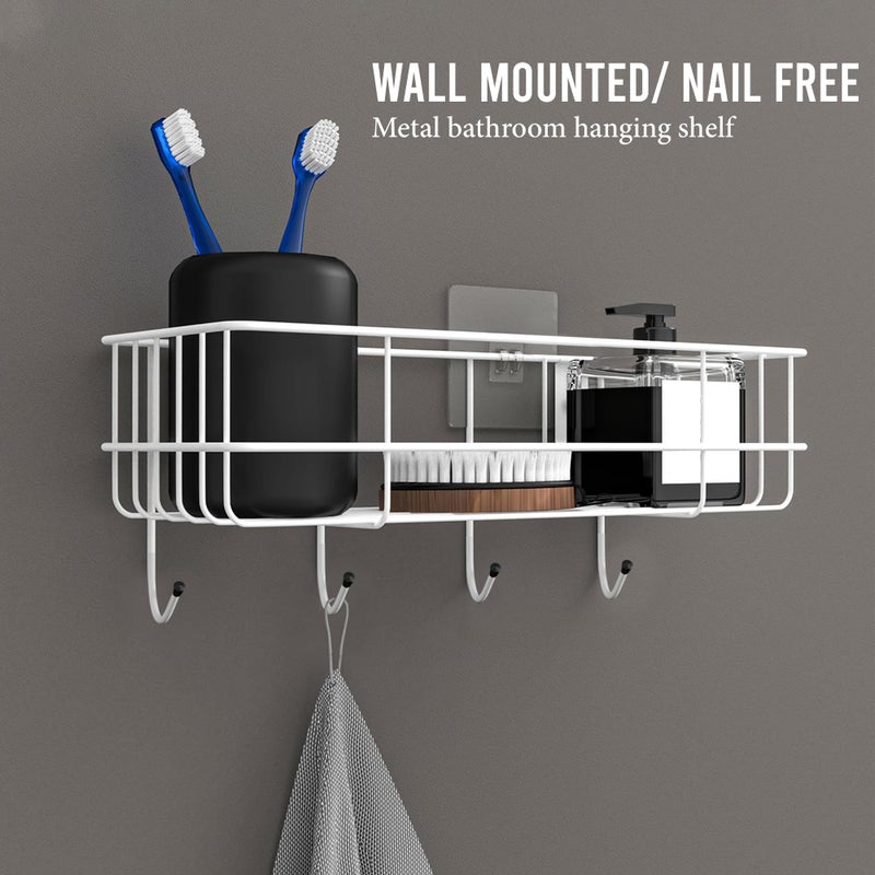 Kuber Industries Metal Self Adhesive Bathroom Organiser with Drill Screws & 4 Hooks | Bathroom Stand/Rack for Shampoo | Bath Accessories Holder for Wall Adhesive | White - Image 2