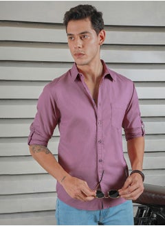 HIGH STAR Regular Fit Purple Spread Collar Shirt for Men, Roll-Up Sleeves  - Image 1