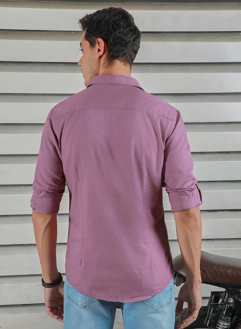 HIGH STAR Regular Fit Purple Spread Collar Shirt for Men, Roll-Up Sleeves