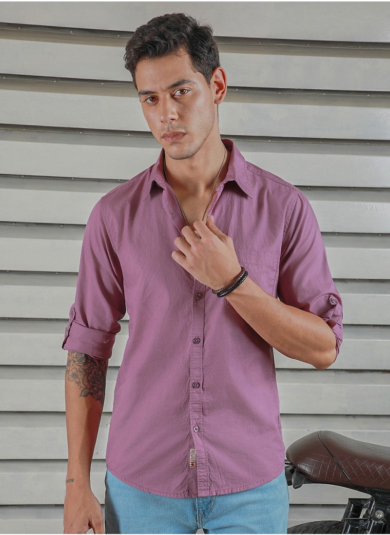 HIGH STAR Regular Fit Purple Spread Collar Shirt for Men, Roll-Up Sleeves  - Image 5