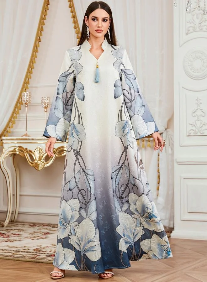 Take Two Blue Floral Print Tassel Detail A-Line Jalabiya