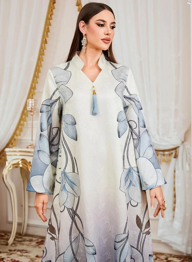 Take Two Blue Floral Print Tassel Detail A-Line Jalabiya