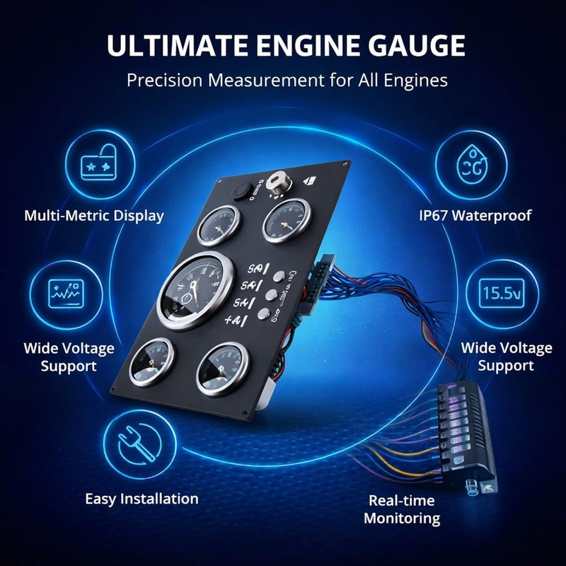5in1 Digital Gauge Cluster, RPM Fuel Level Oil Pressure Water Temp Voltage Meter for RV Boat Yacht - IP67 Waterproof, Timely Alarm Function, Multi - Engine Monitoring - Image 3